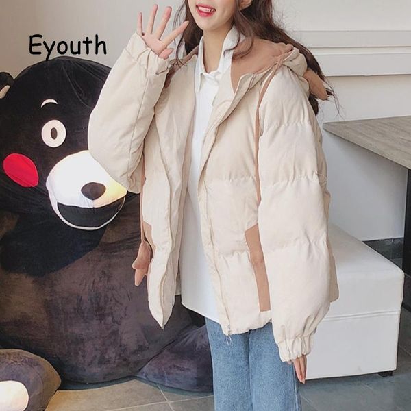 

korean version of cute cat ears hooded cotton jacket women winter loose star embroidery pockets long-sleeved warm bread outwear, Black