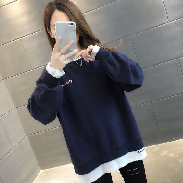 

fake two pieces of women's sweater 2020 new autumn and winter clothes foreign style loose korean coat ins fashionable european top, Black