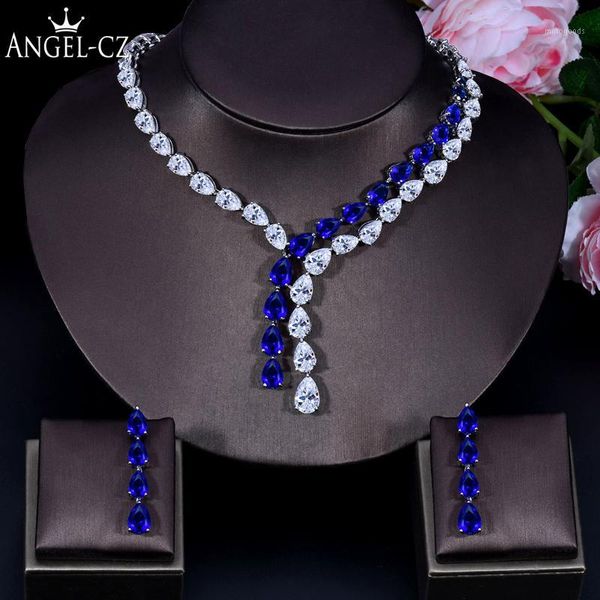 Orecchini Collana ANGELCZ Goccia d'acqua perfetta CZ Cristallo Blu reale Pietra da sposa Lunga nappa e orecchini Set di gioielli da sera da donna 1981