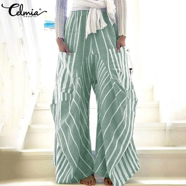 

women's pants & capris celmia fashion wide leg women striped trousers 2021 autumn high elastic waist asymmetrical female pockets casual, Black;white