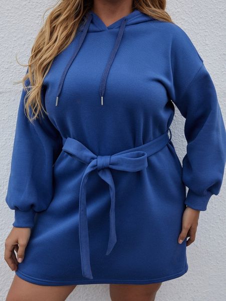 

plus drawstring belted hooded sweatshirt dress y8sk#, Black