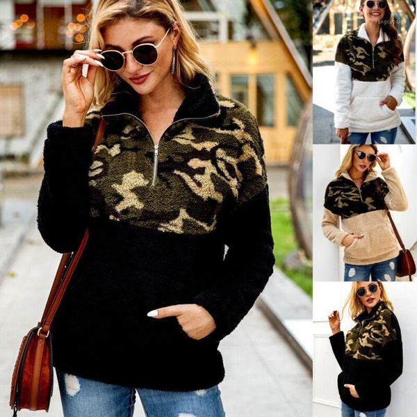

sweater women warm sweater invierno mujer 2020 ladies teddy bear fleece zipper turtleneck leopard stitching pullover jumper1, White;black