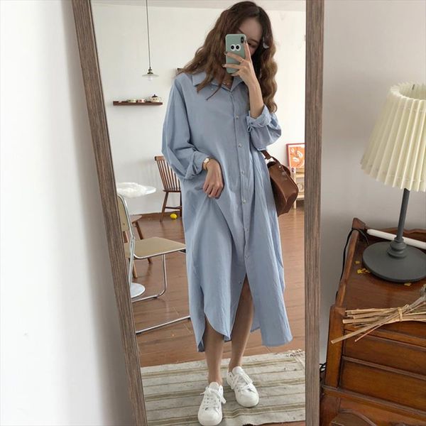 

chic single breasted loose women dress turn down collar female dress full sleeve long vestidos femme robe 2019 drop shipping, Black;gray