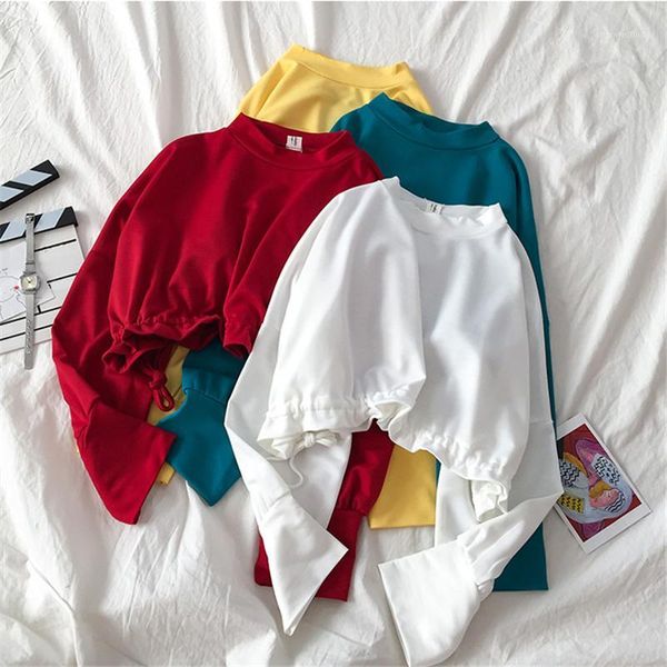 

harajuku women loose t shirt spring summer drawstring casual long sleeve ladies tee shirts sweet solid short style tshirt1, White