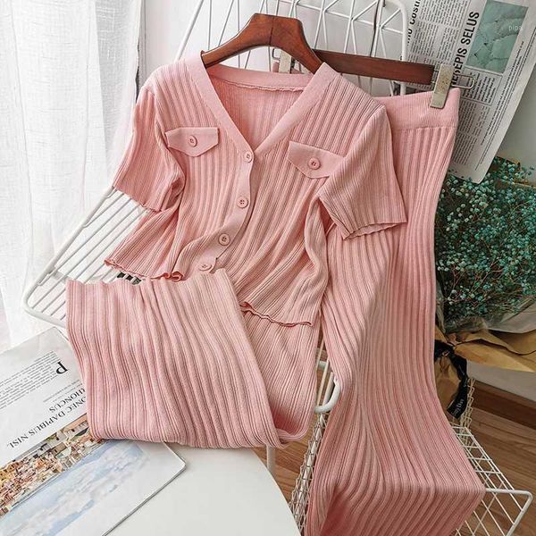 

yocalor korean elegant 2 piece knitted outfits v neck short knitwear cardigan + high wiast wide leg ankle pants women sets1, White