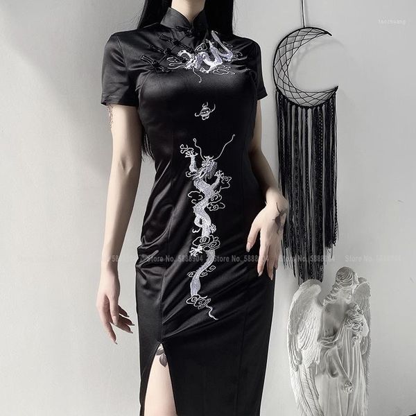 

japanese harajuku style cheongsam retro female gothic dresses chinese traditional dragon embroidery qipao split suede slim dress1, Red