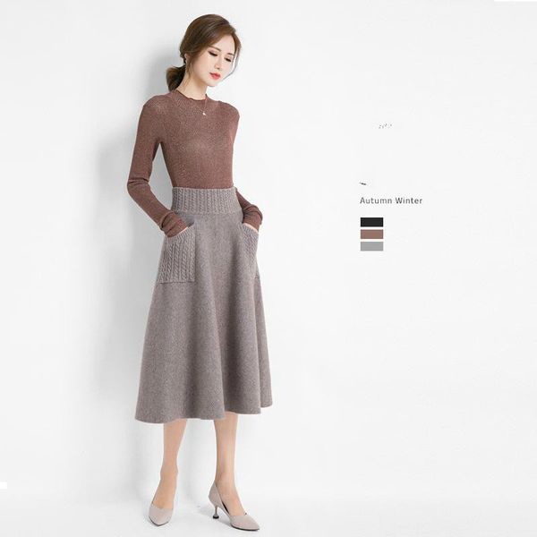 

new fashion 2021 high skirt women's knitted wool line fine solid colour soft retro wild y348 9igl, Black