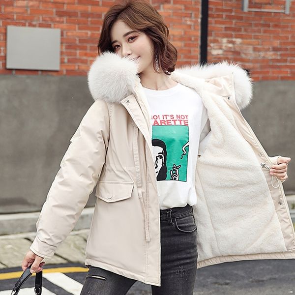 

thick warm women parkas flannel insided down cotton jacket coats big fur collar zipper padded parka stand collar coat 201019, Black