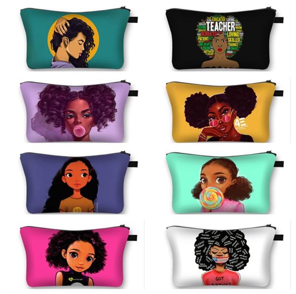 

black afro girls make up bag printed handbag for ladies multi-functional travel toiletry bag zipper pouch clutch bag 28 colors e123005