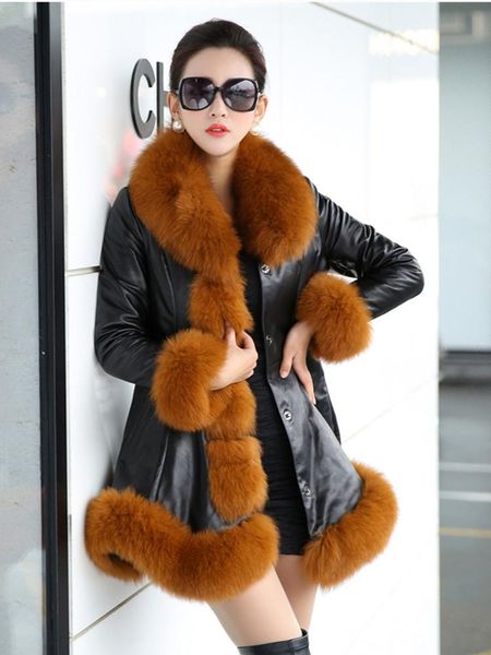 

women's fur & faux long coat women plus size jacket hooded ladies warm thick fashion winter fluffy, Black