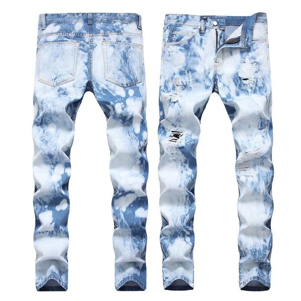 

high street new craft men's ripped jeans men casual slim fit denim trousers point bleaching straight stretch jeans light blue
