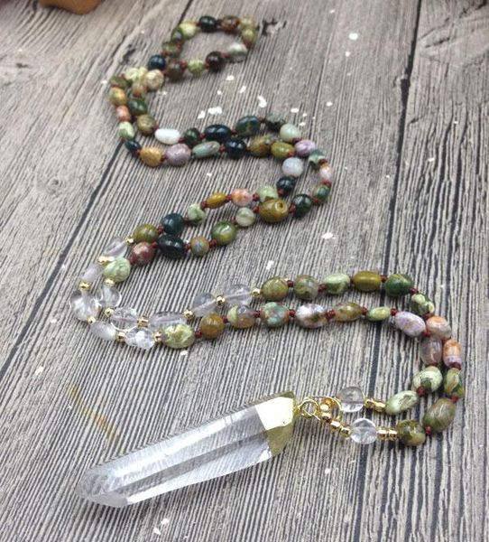 

pendant necklaces ya3077rough quartz ocean jaspers nuggets stone beads knot handmade necklace, Silver