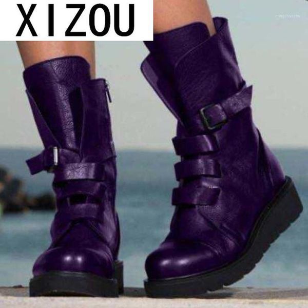 

boots women cool buckle motorcycle wedges casual mid calf designer brand autumn winter fashion woman1, Black