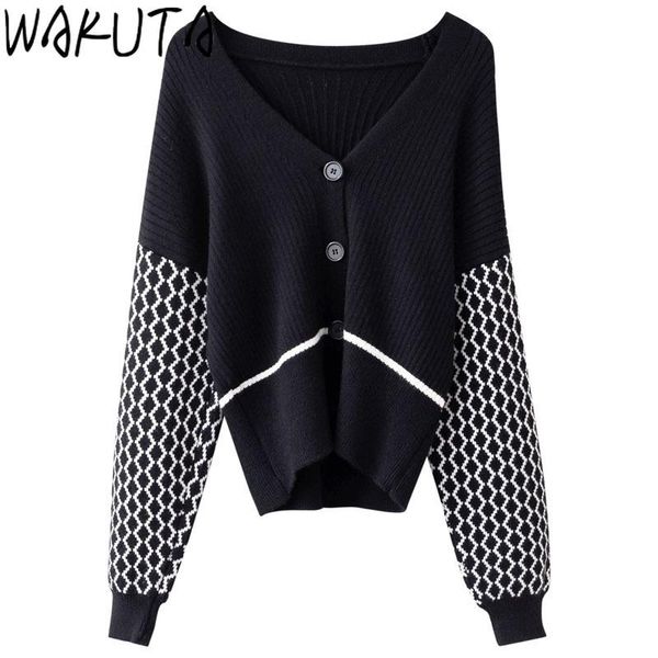 

women's knits & tees wakuta women fashion elegant loose v-neck cardigans sweater fall 2021 long argyle sleeve warm chic button-up kniwe, White