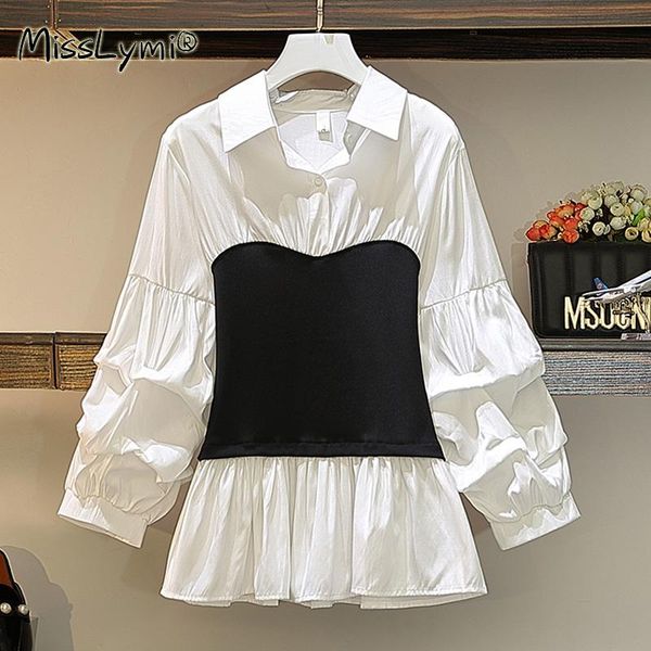 

women's blouses & shirts 4xl plus size women vintage white ruffle autumn 2021 turn-down collar folds lantern sleeve patchwork knitted e