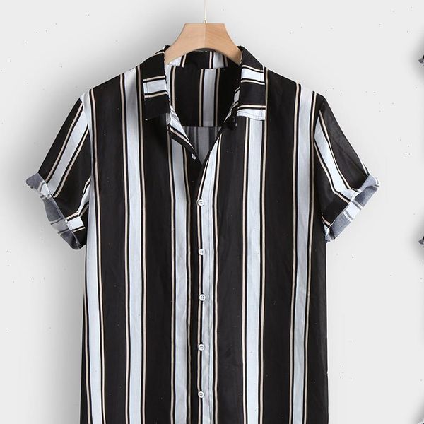 

fashion mens casual button hawaii striped print beach short sleeve blouse dress black button turn down collar mens clothing, White;black