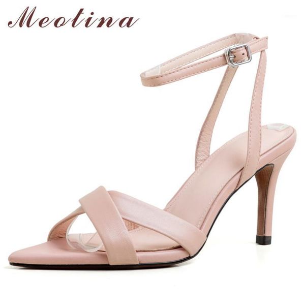 

meotina summer sandals women shoes natural genuine leather thin high heel ankle strap shoes real leather buckle sandals lady 401, Black