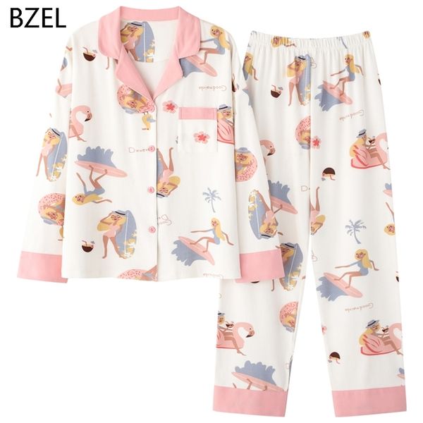 BZEL Leisure Cotton Sleepwear Pigiama Abbigliamento donna Top a manica lunga Set Ladies Pijama Set Night Suit Home Wear Big Size 201217