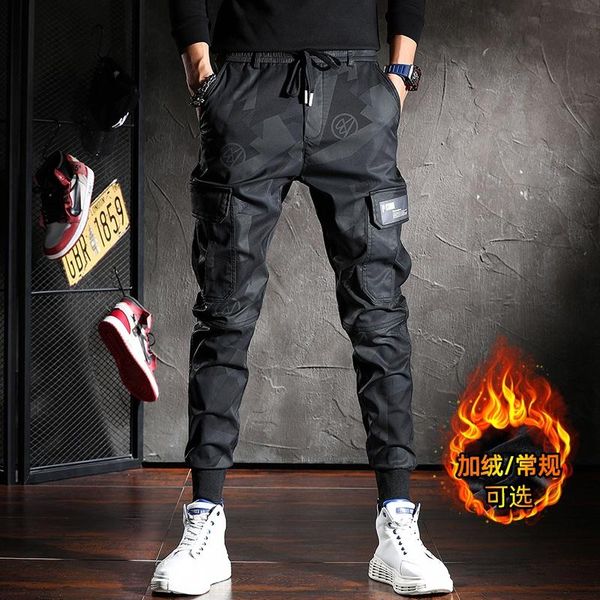 

winter fleece cargo pants men fashion casual camouflage slim warm trousers, Black