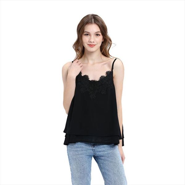 

2019 summer new womens tank ladies black v neck loose vest chiffon fashion short lace size s xxl, White