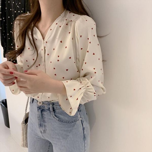 

spring women chiffon shirt korean fashion long sleeve white shirts women streetwear office blouse elegant lady heart print