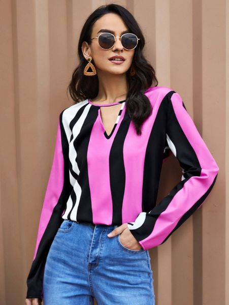 

block striped keyhole neck blouse c9zl#, White