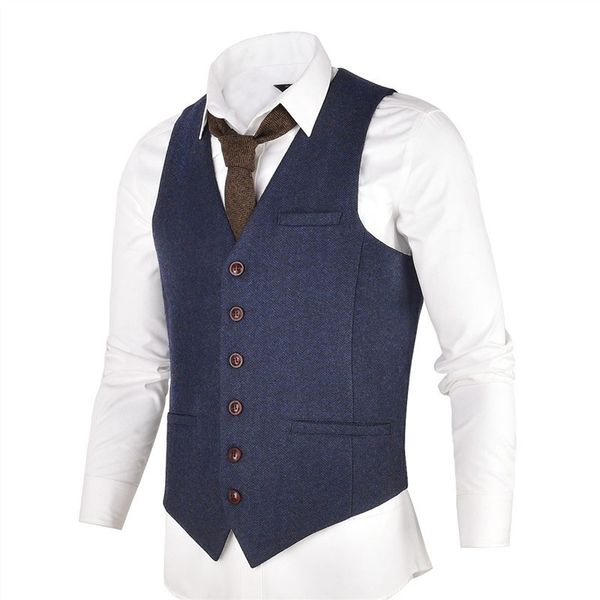 Voboom Blue Tweed Mens Colete Terno Moderno Fit Lã Mistura Único Breasted Herringbone Waistcoat Homens Casaco de cintura para homem 007 201106