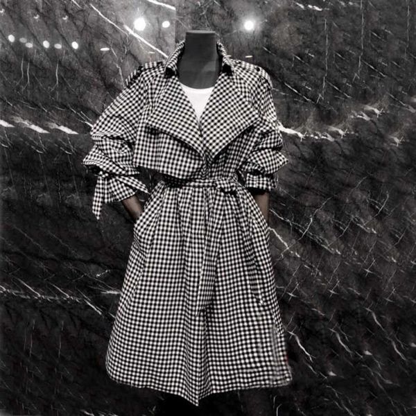 

women's autumn winter checked trench coat oversize coats with belt lapel collar female plaid outerwear, Tan;black