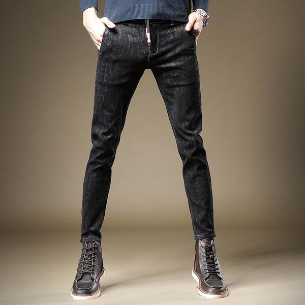 

men's jeans men letter printed black casual drawstring slim fit pencil pants, Blue