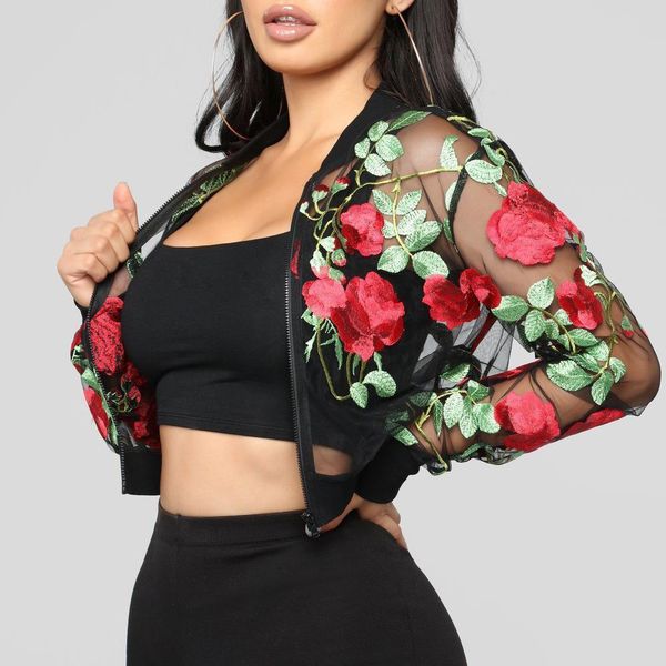 

crop floral embroidery jacket women hollow out mesh rose bomber jacket ladies chic streetwear outwear coat mt2834, Black;brown