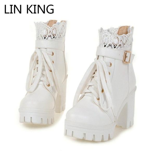 

boots lin king women winter ladies warm fur shoes square heel lace up outdoor short female buckle big size boats, Black