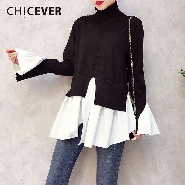 

chicever spring patchwork pullovers knitted sweater for women turtleneck flare sleeve irregular female jumper sweaters tide 201031, White;black
