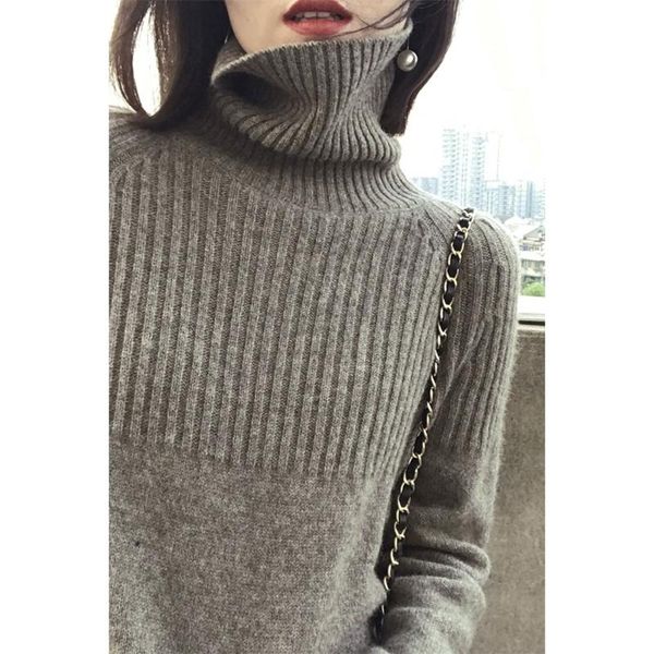 

sweater ladies turtleneck pullover solid stretch stripes korean version plus size 2020 fall winter camel beige khaki, White;black