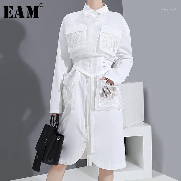 

casual dresses [eam] women black pocket split joint big size shirt dress lapel long sleeve loose fit fashion tide spring autumn 2021 1t3521, Black;gray