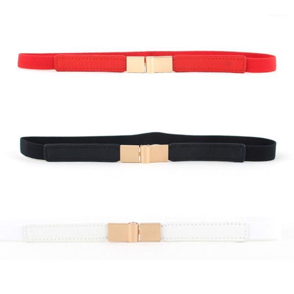 

Women Skinny Gold Clasp Buckle Elastic Belt Dress Faux Leather Stretch Waistband BLTLL03031, Black;brown