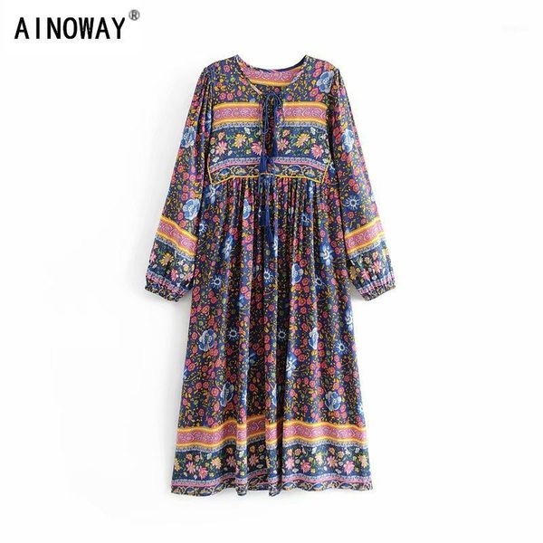 

vintage chic women long sleeve lace-up floral print beach bohemian midi dress ladies tassel rayon boho happie dress vestidos1, Black;gray