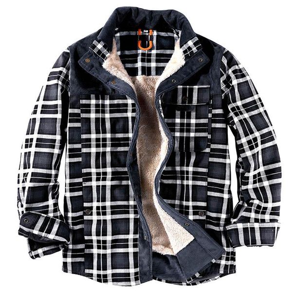 

men's plus velvet long-sleeved plaid cotton warm thick casual cotton shirt, Black