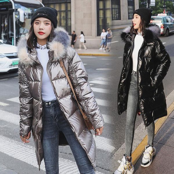 

2020 new winter down jacket women warm thicken hooded with fur long coat shining fabric stylish female cotton parka1, Black