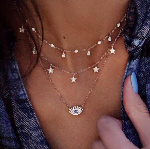 

brling new 2020 fashion ins vintage chain pendant choker star crystal eye lashes blue alloy necklace for women girls gifts party, Golden;silver