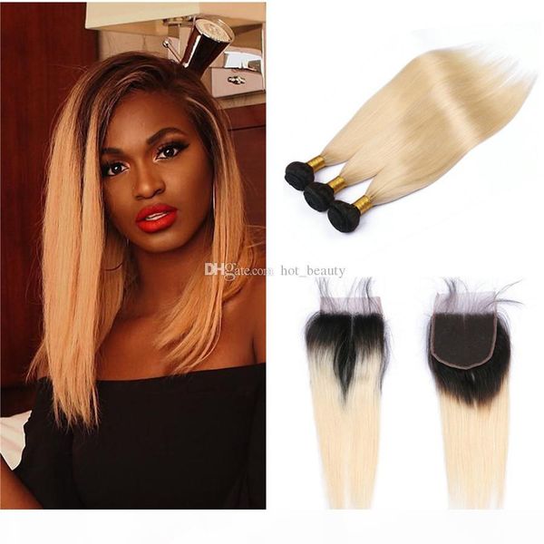 

brazilian hair bundles with closure ombre 2 tone 1b 613 straight hair 10a unprocessed virgin hair 3 bundles with closure dark roots human, Black