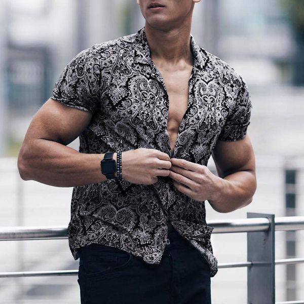 

mens hawaiian shirt male casual printed mens vintage ethnic printed turn down collar short sleeve loose casual shirts june26, White;black