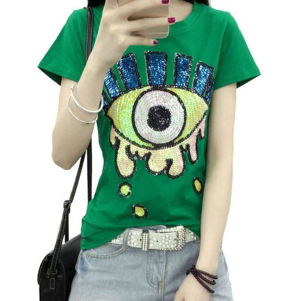 

20190406 short-sleeved t-shirt loose fashionable sequined blouse for women, White