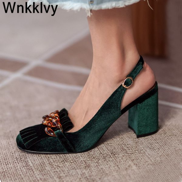 

summer chunky high heel sandals women retro velvet shallow mouth slingback crystal chain fringe tassel pumps banquet shoes, Black