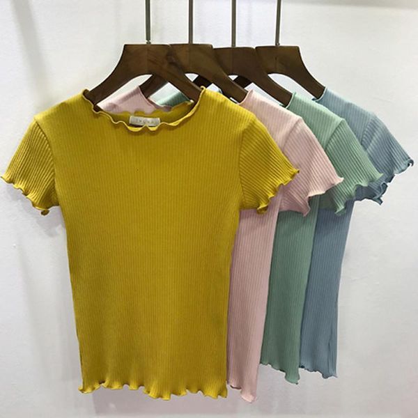 

women tees ruffled trimmings ribbed crop soft and stretchy short sleeve t-shirts basic cropped top, White