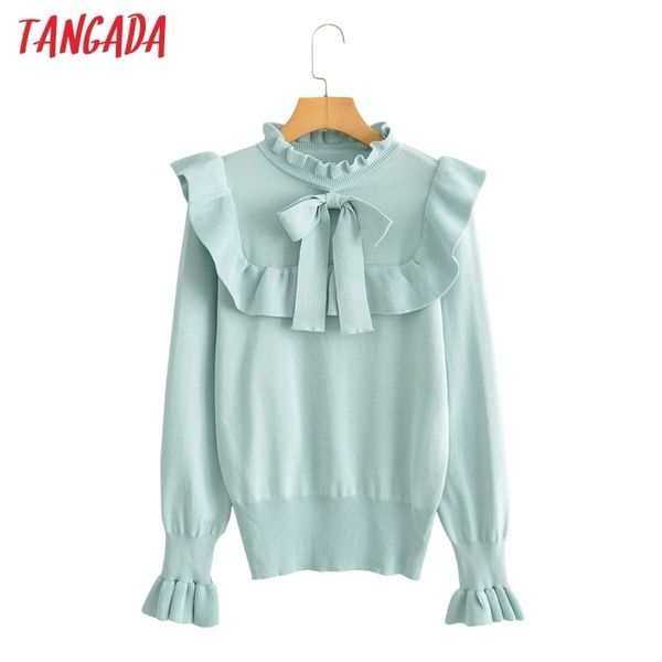 Tangada Kadınlar Moda Zarif Ruffles Nane Örme Kazak Jumper Kadın Vintage Kazaklar Şık Tops AI46 201201