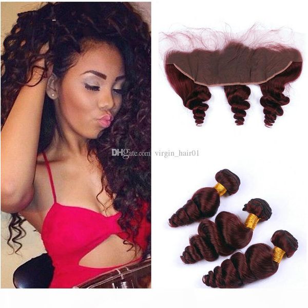 

99j loose wave hair bundles with frontal closure burgundy brazilian human hair weaves with 13x4 closure wine red pre plucked frontal, Black;brown