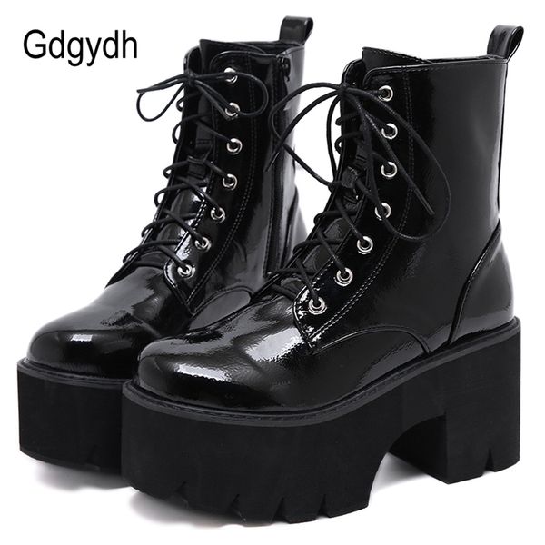 

gdgydh woman lace autumn boots womens ladies chunky wedge platform black patent leather ankle boots punk goth new arrival 201215