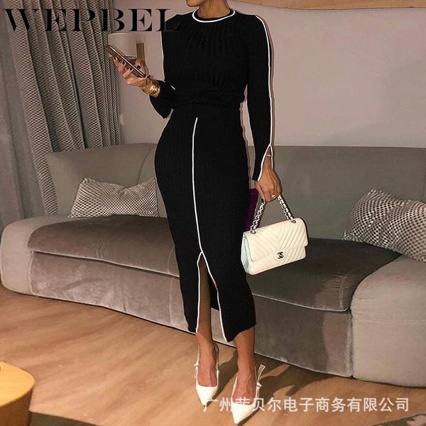 

wepbel women elegant spring autumn skinny bodycon dress casual ladies long sleeve o neck split pencil dress y0118, Black;gray