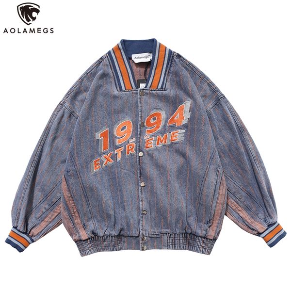 AOLAMEGS Baseball Denim Jaqueta Homens Único Breasted Listrado Print Jaqueta Jaqueta Outono Retro Harajuku Estilo Colégio Homens Roupas 201218