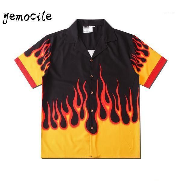 

2020 hi hop harajuku couples wear summer casual men women shirts flame print street wear loose short sleeve shirt streetwear1, White;black
